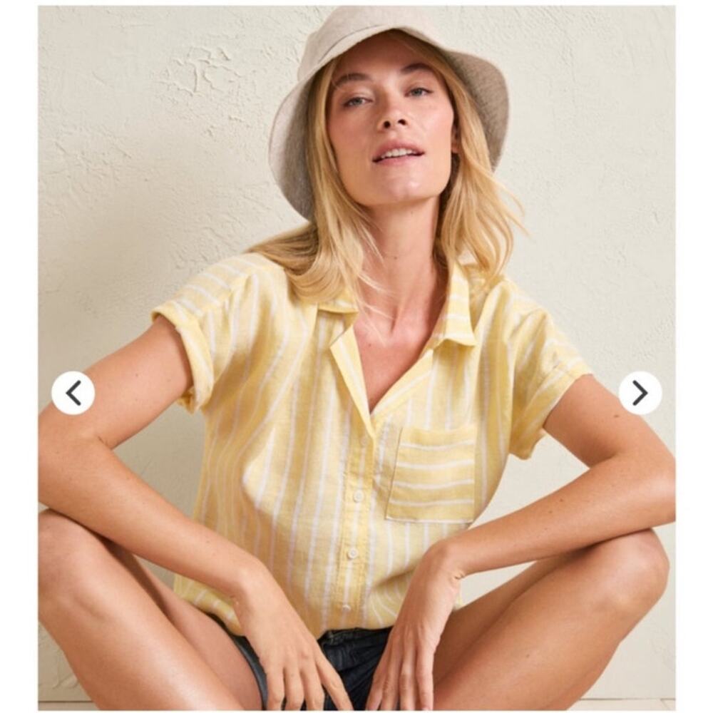 Garnet Hill Pale Yellow & White Striped Short-Sleeve Button-Down